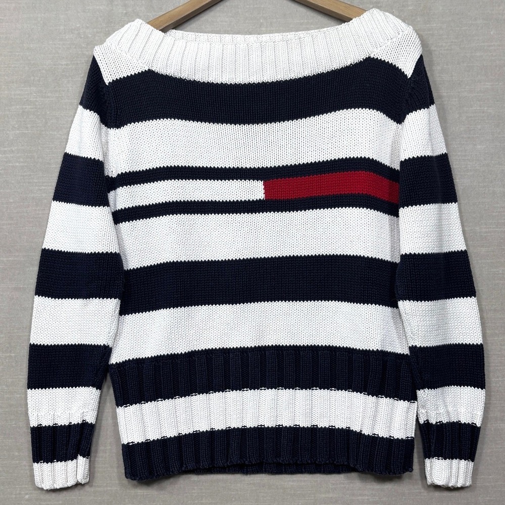 Vintage Tommy Hilfiger Striped Boatneck‎ Sweater Women's Large Navy White Knit